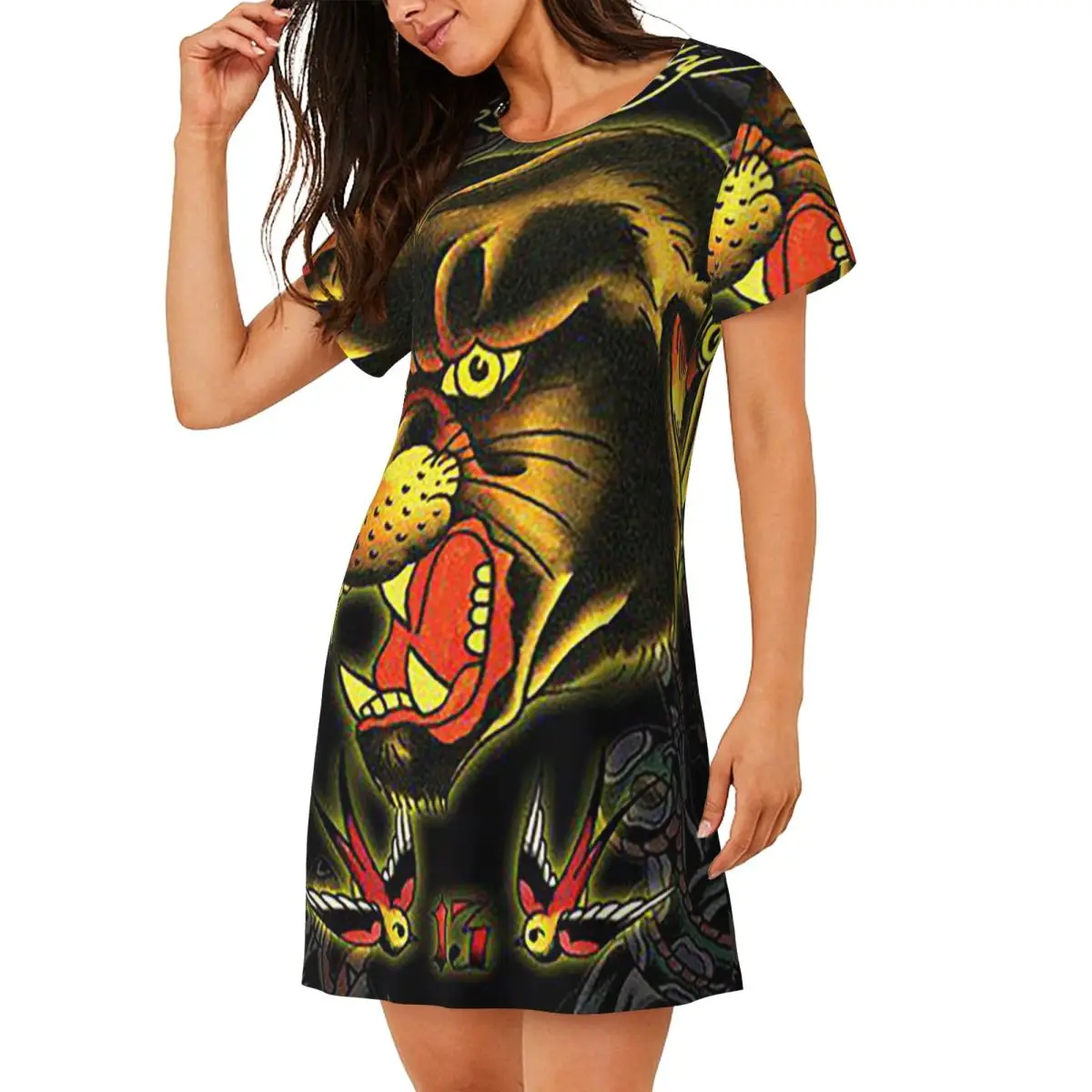 Custom Ed-hardy Tattoo Tiger Skull Short Sleeves Nightdress For Sleepshirts Women Short Sleeve Nightgowns Soft Pajama Dress