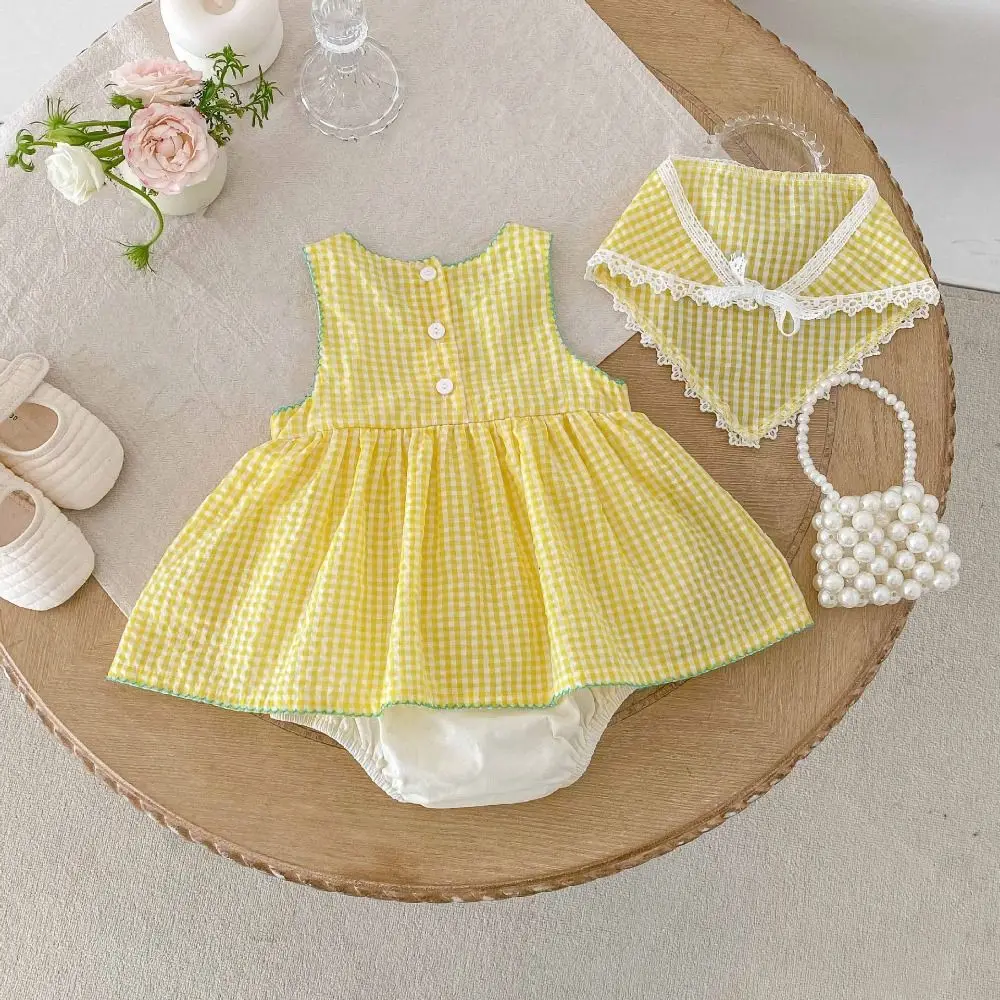 

Sleeveless Design Baby Girl Romper Dress Duck Print Cotton Material Princess Dress Floral Embroidery Yellow Gingham