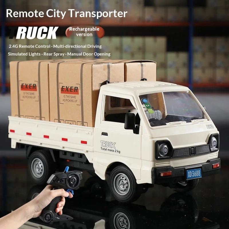 RC Truck 1:16 Scale Simulated City Transport Truck Spray Light Manual Open Door 2.4G Remote Control Rechargeable Kids Toy