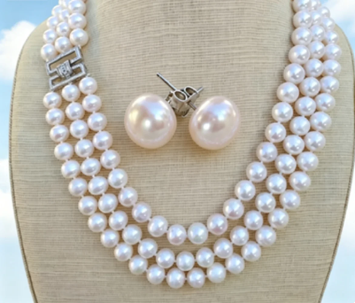 

3-Row/Gorgeous AAA 9-10mm Natural South Sea White Pearl Necklace Earnail Set 925s * 18-19-20in/Supports Customized Sizes