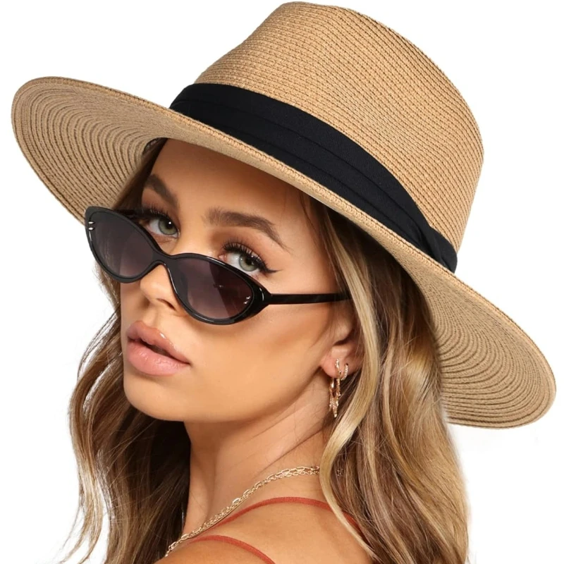 1 Stück Sonnenhüte für Damen, breite Krempe, aufrollbarer Strand-Ponytail-Panama-Hut, verpackbar, faltbar, Reise-Strohvisier für Outdoor-Reisen