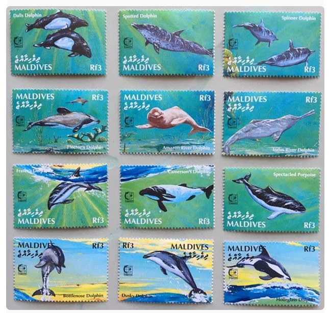 Malediven-Poststempel, Porto, Meerestiere, Fisch, Delphin, echtes neues Stempelset, 12 Stempel zum Sammeln, Material für Scrapbooking – Detail 1