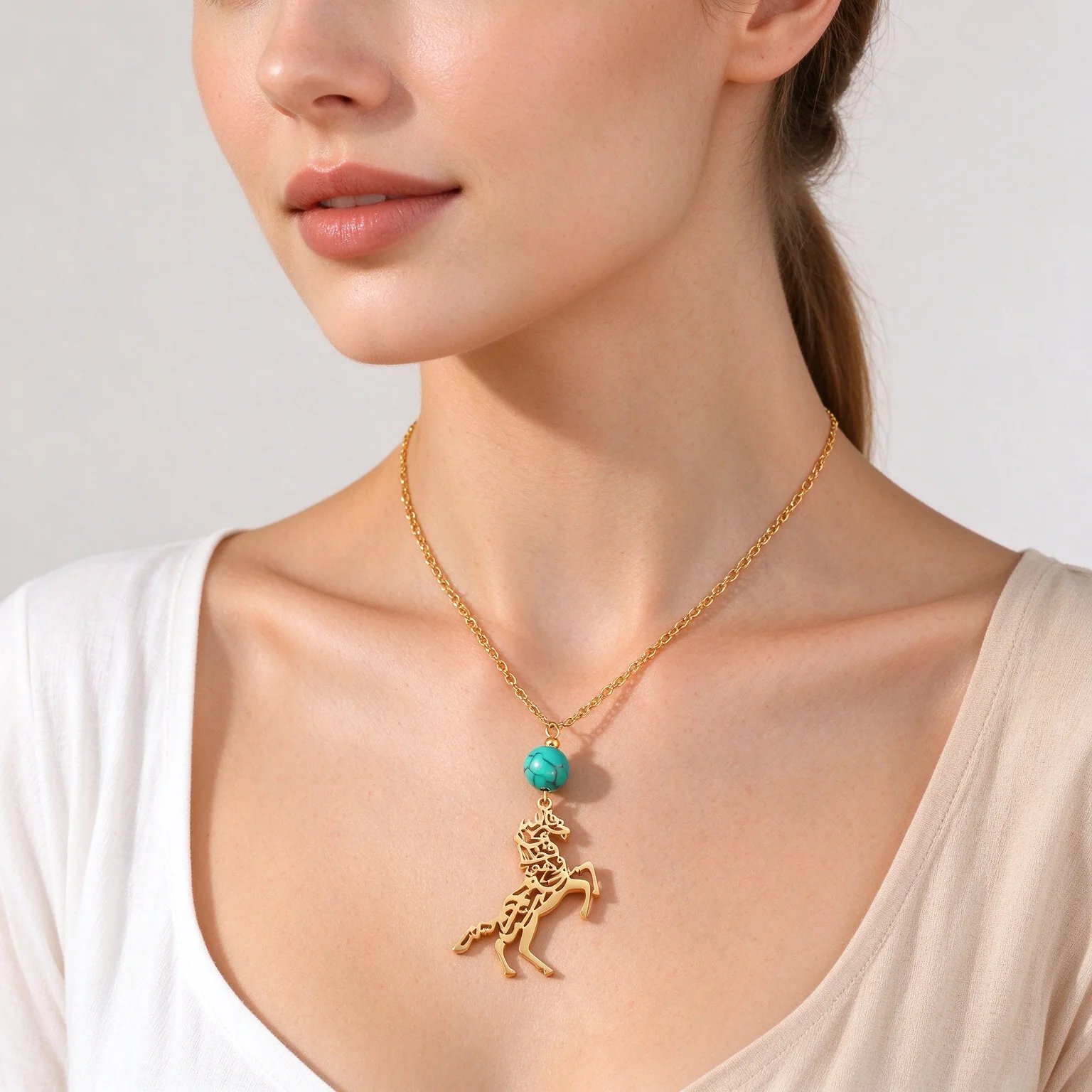 Vintage Galloping Horse Pendant Necklace, Women's Style Stainless Steel Hollow Horse Design with Turquoise Beads, Gold and Silver Two-Tone Fashion Chain Necklace, Trendy Daily Wear Personalized Jewelry Gift
