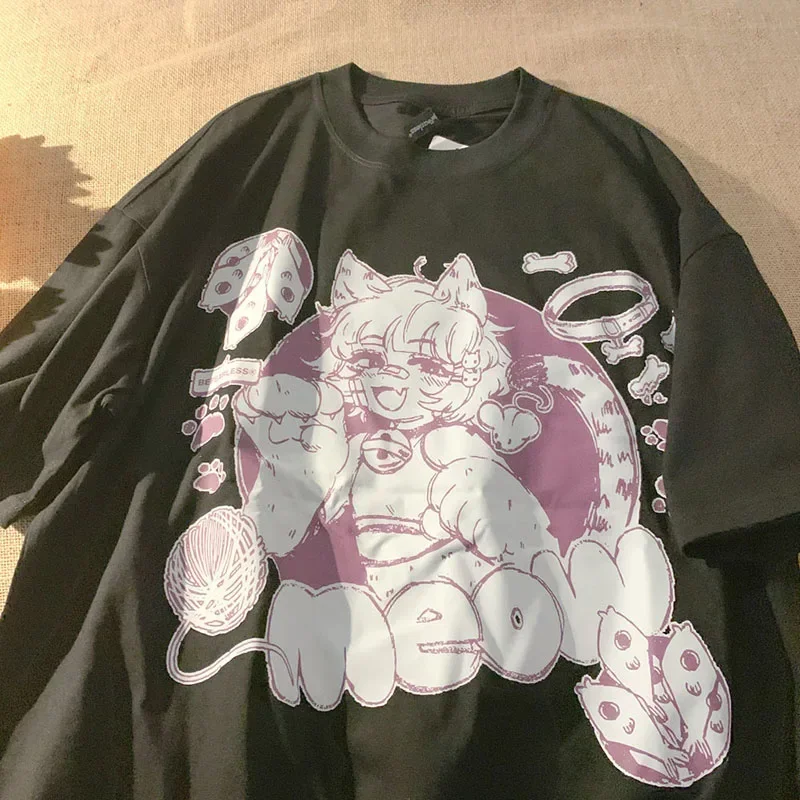 Korean Women Tshirt oversized Cartoon Second Element Girl Anime Print Short-sleeved T-shirt Clothes Loose Top Vintage