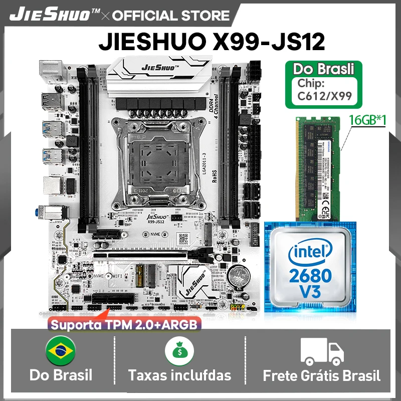 Conjunto de Placa Mãe JIESHUO X99-JS12 LGA2011-3 Xeon E5-2680 V3 DDR4 16GB 2133MHz para PC Gamer TPM 2.0