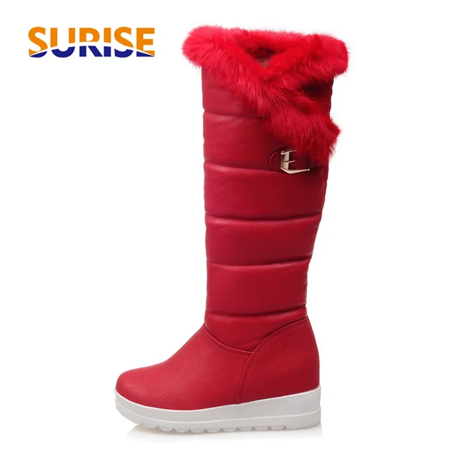 Rosso inverno donna pelliccia calda stivali da neve alti al ginocchio rosso nero spessa peluche punta tonda fibbia signora altezza crescente piattaforma stivali lunghi