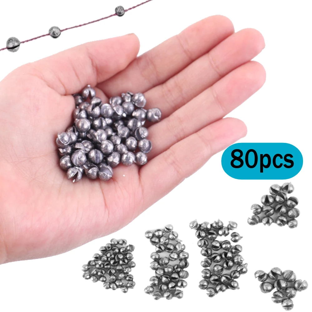 80pcs Bite Lead Fishing Gear Accessories Multi size Open Lead Biting Lead Pendant Adjustable Split Shot Sinkers Fishing Weights