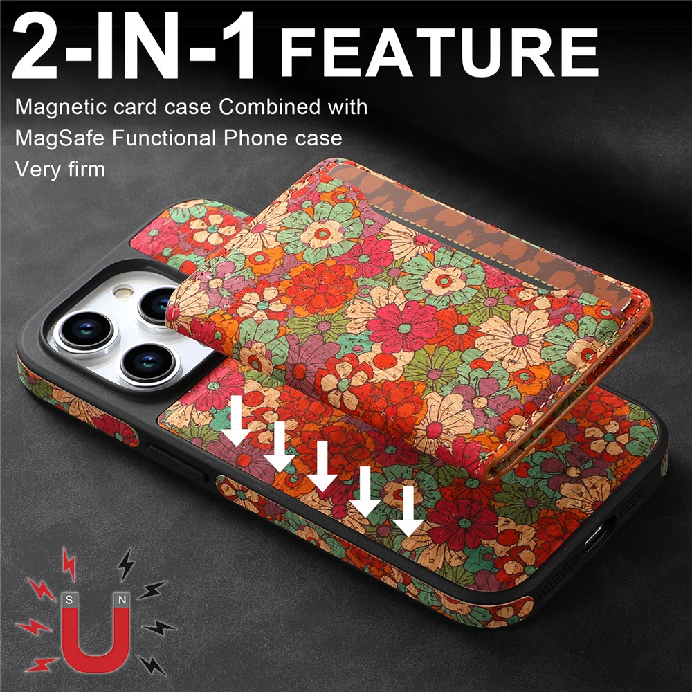 Magnetic Wireless Charging Case for iPhone 15 14 12 13 16 17 18 Pro Max Floral Pattern Leather Wallet Card Bag Slot Holder Cover