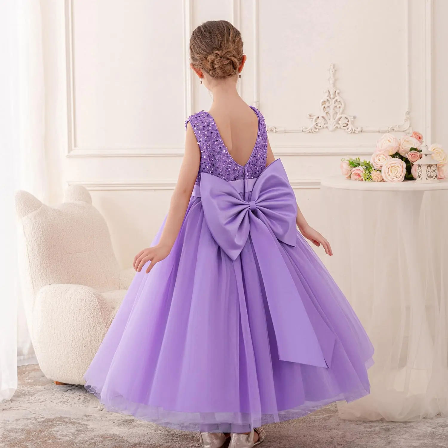 Girl’s Sleeveless Princess Dress with Deep Bow, Little Girl Dresses Tulle Skirt Perfect for Graduation Birthday