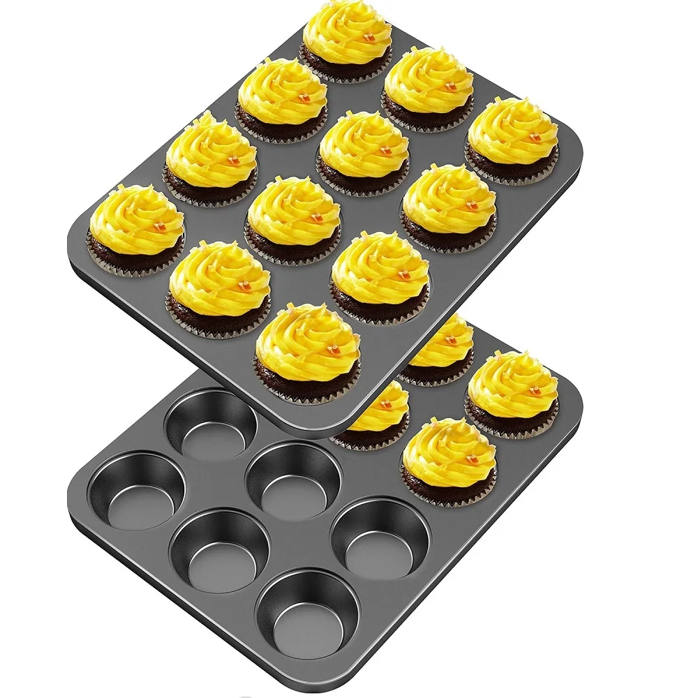 12-Cup Round Cupcake Pan Muffin Tray Cupcake Molds Muffin Pan Bakeware Non-Stick Bakeware Heavy Duty Carbon Steel Pan Muffin Tin