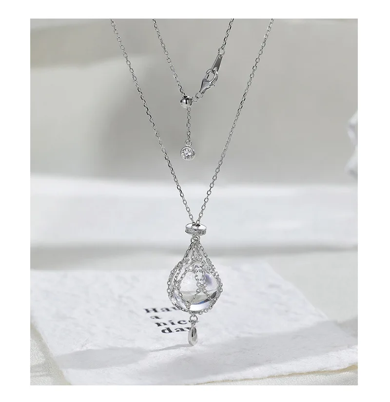New S925 Silver Mesh Pocket, White Crystal Necklace, Female Niche Design, Pull-out Adjustable Sweater Chain, Wedding Jewelry