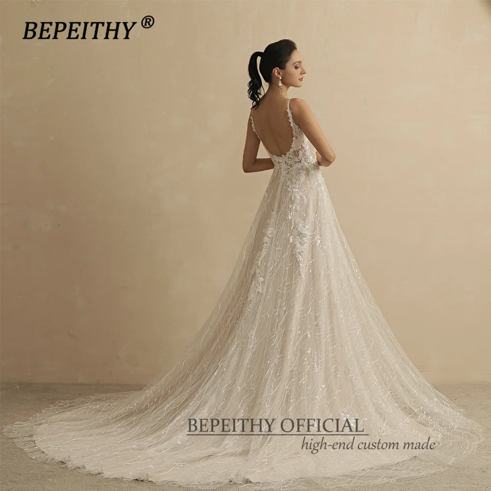 BEPEITHY Customized A Line Lace Wedding Dresses For Women Bride 2022 Sexy High Slit Court Train V Neck Boho Bridal Dress Party