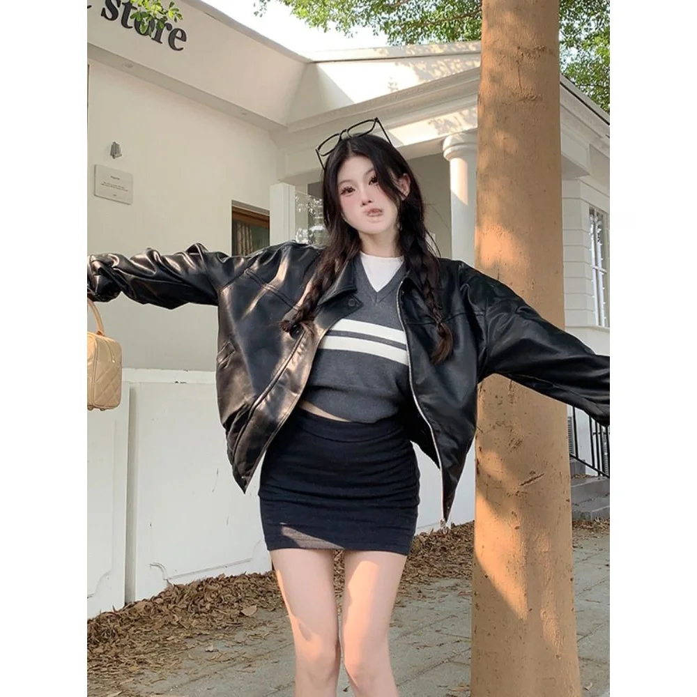 Premium Feel American Retro PU Leather Long Sleeve Jacket Women Loose Slimming Brown Coat Motorcycle Wear Autumn Fashion