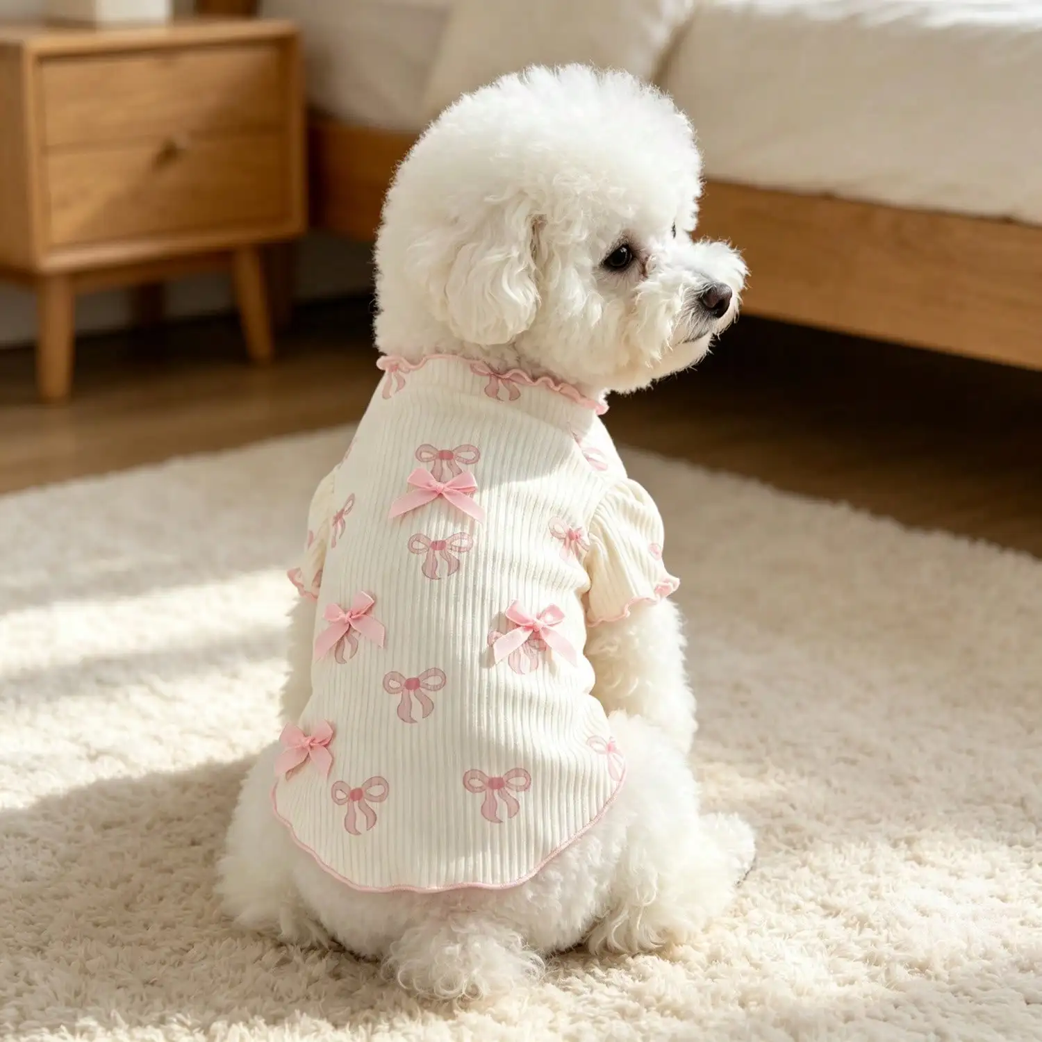 1 Stück geripptes Hundeshirt mit Schleifendruck, weiches Strick-Rüschen-T-Shirt für kleine Welpen, Alltagsoutfit