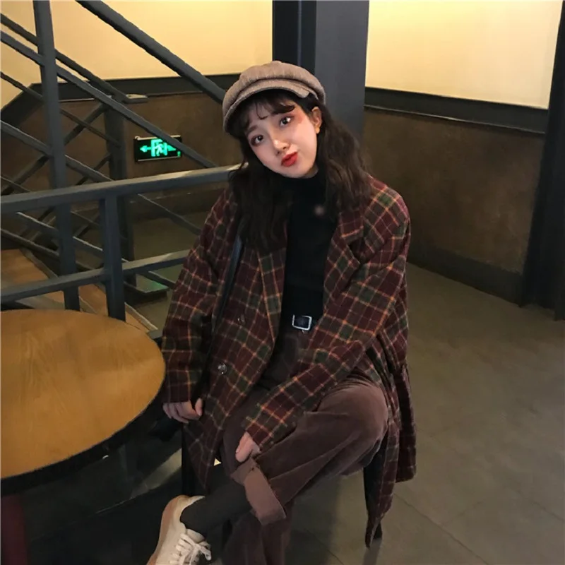 Korean ulzzang loose plaid woolen coat female autumn new ins Harajuku vintage fashion suit collar button casual women\'s jacket