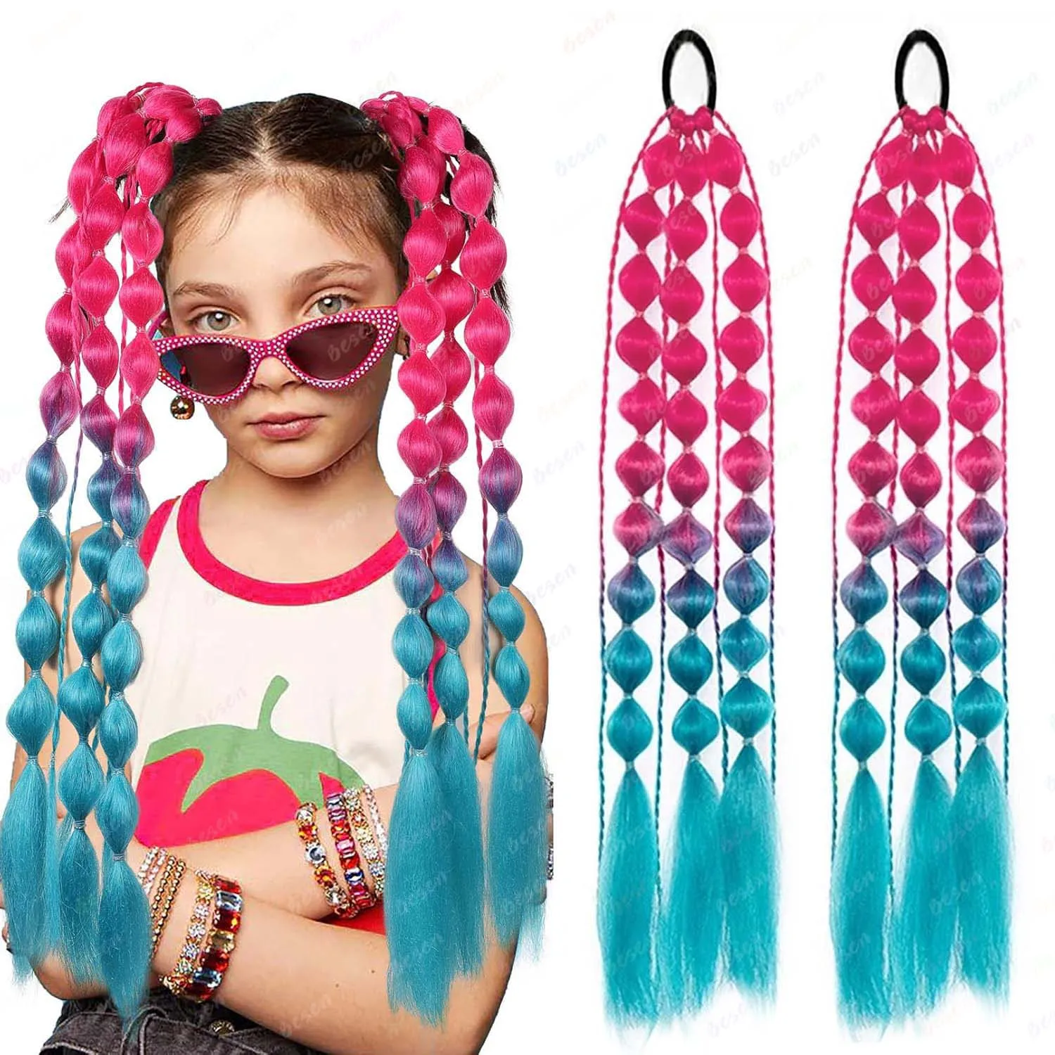 

Synthetic 2 Pcs Ponytail Extension Lightweight Colored Hair Extensions for Girls Kids Bubble Ponytail Extension with Hair Tie
