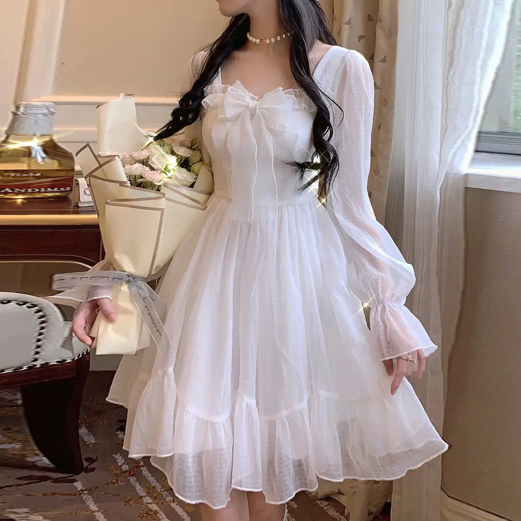 

Elegant Princess Dress Women Vintage Bowknot Party Mini Fairy Dresses for Women 2024 Spring Victorian Wedding Dress Korean