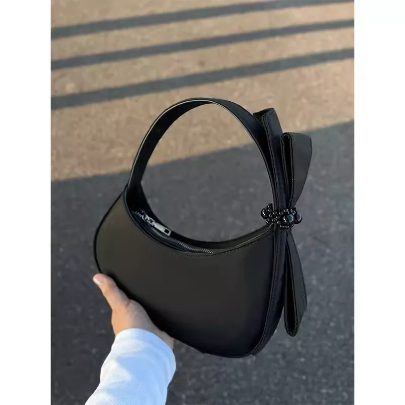 Sac à main en nylon noir Bergame pour femme, élégant, nœud papillon, perles, sous les bras, portable, simple initié, sacs à main, mode