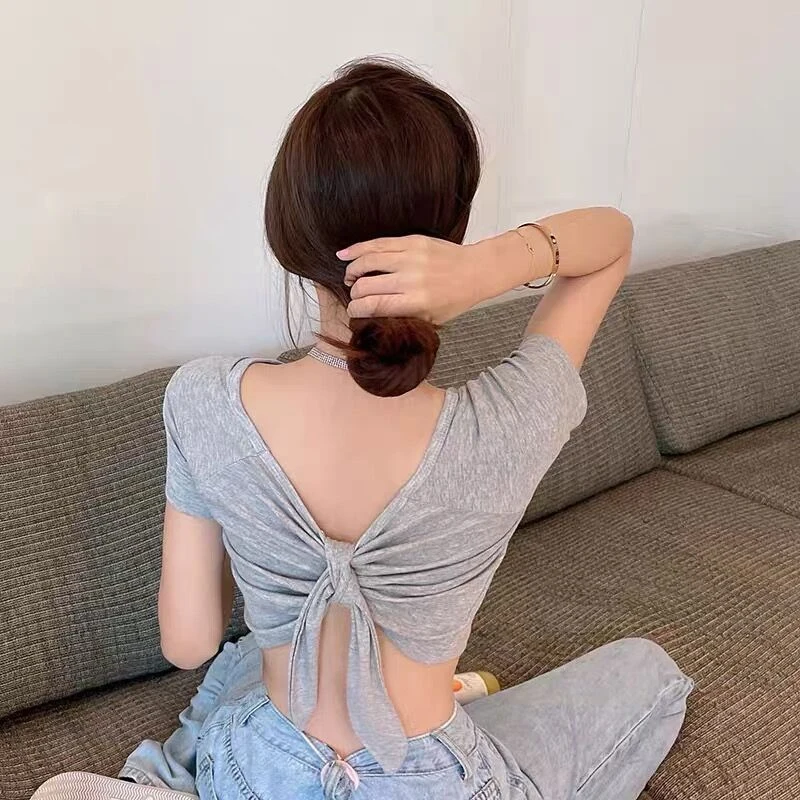 夏の女性のセクシーなレースアップ V ネック半袖スリム T シャツリバーシブルクロップトップ