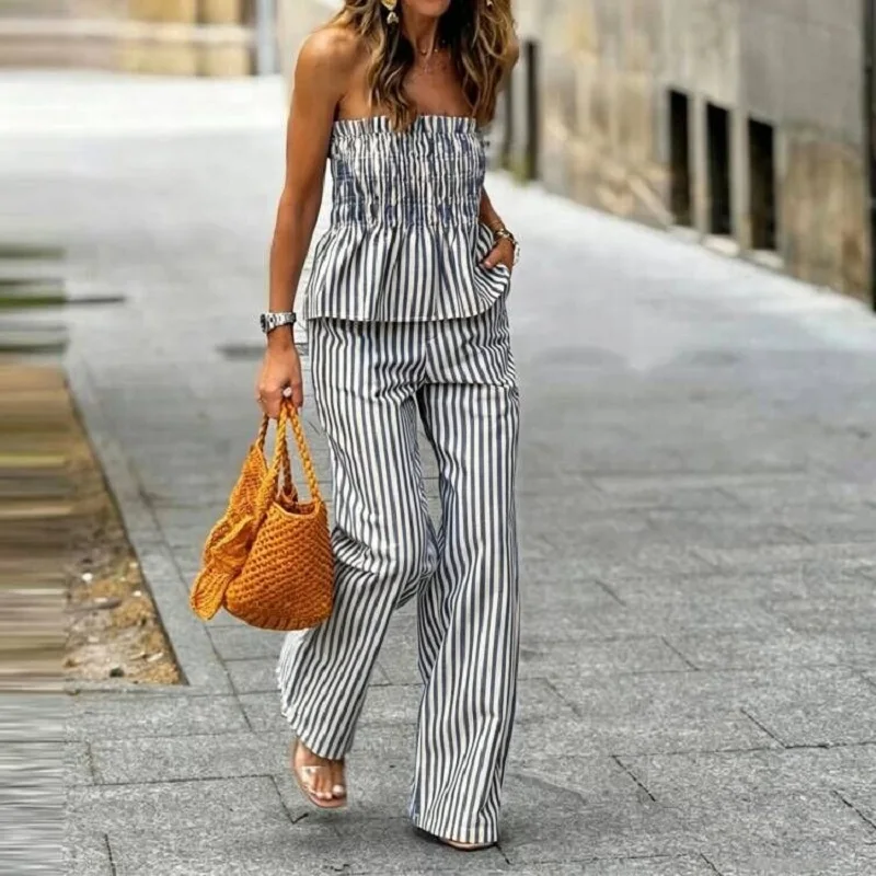 Spring Summer Striped Print Holiday Set Sexy Strapless Tube Tops & High Waist Pants Outfit New Off Shoulder Backless Casual Suit
