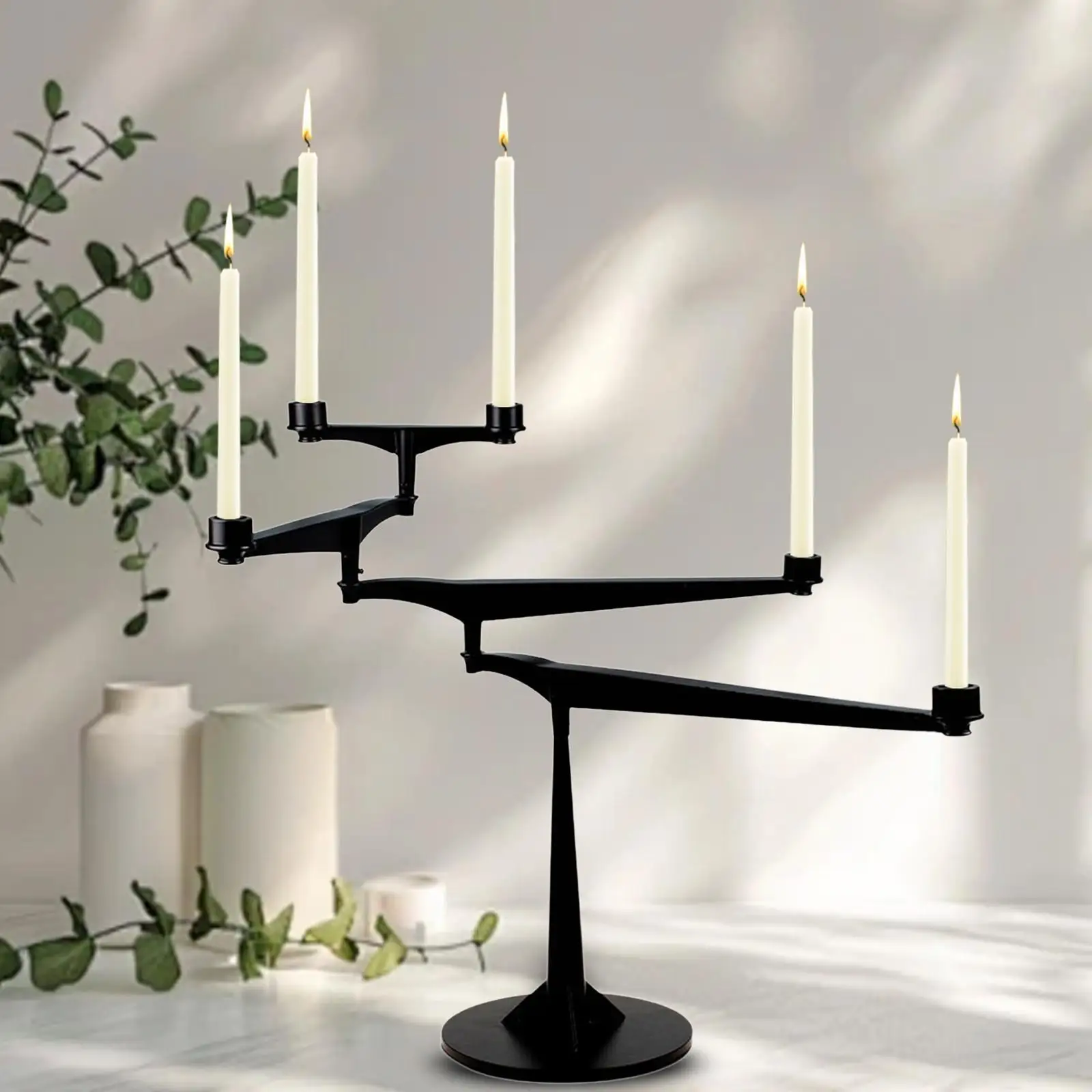 Black Metal Candle Holder with 4 Flexible Layers for Mantle Fireplace Decor