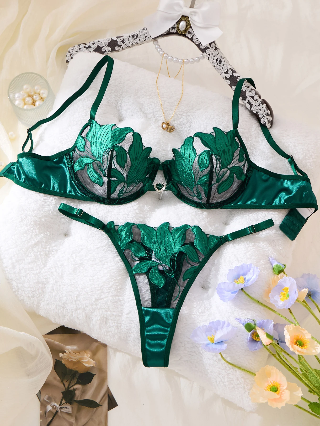 Exclusive Green embroidery Lingerie Set for Dates. Sexy See-Through Chiffon Bra. High-End Sensual Women's Underwear ZA824031 image 2