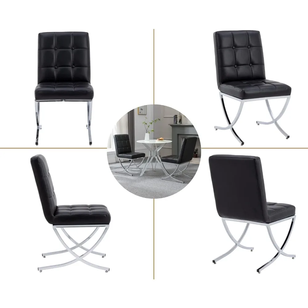 طقم كراسي طعام حديثة مكونة من قطعتين، مقعد منجد من الجلد الأسود مع كراسي معدنية من الكروم وظهر عالي معنقدة، بدون ذراع #4