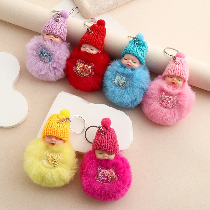 Cute Sleeping Doll Plush Pendant Keychain Faux Rabbit Fur Cartoon Sleep Doll Small Coal Ball Bag Decor Accessories Keychain Gfit