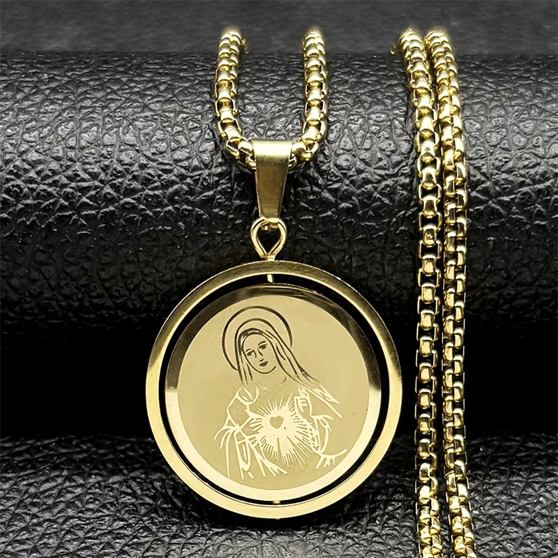 Catholicism Virgin Mary Heart Pendant Necklace for Women Men Stainless Steel Gold Silver Color Chain Necklaces Jewelry