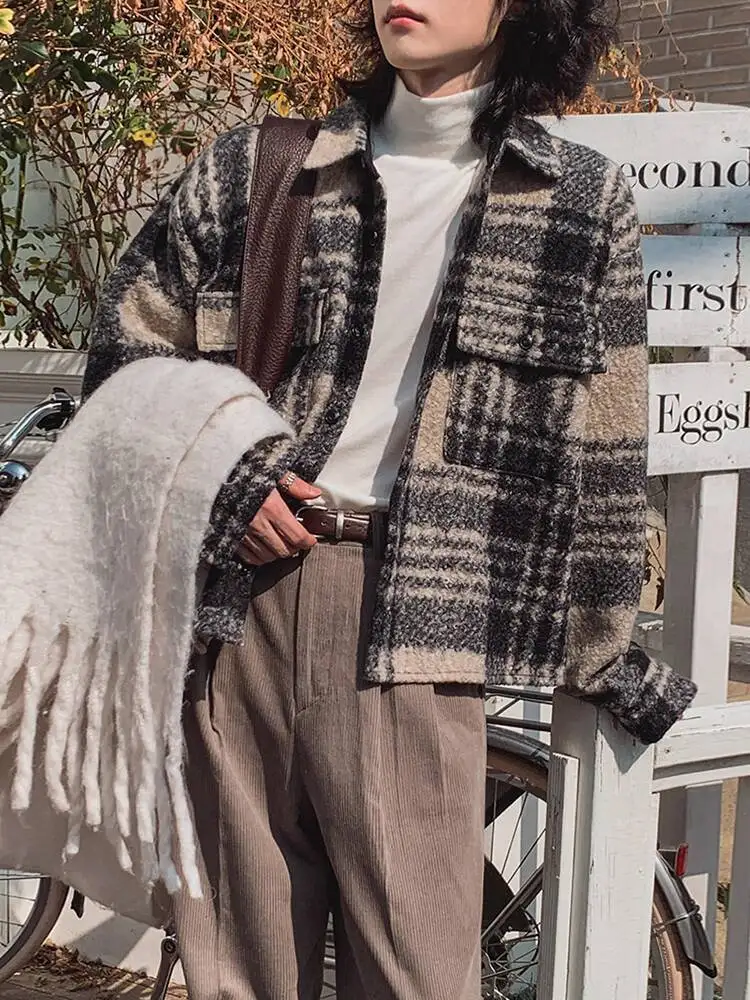 SYUHGFA ملابس رجالية معطف صوفي قصير 2025 الشتاء سميكة الكورية نمط موضة فضفاضة الاتجاه سترة غير رسمية منقوشة الذكور القمم