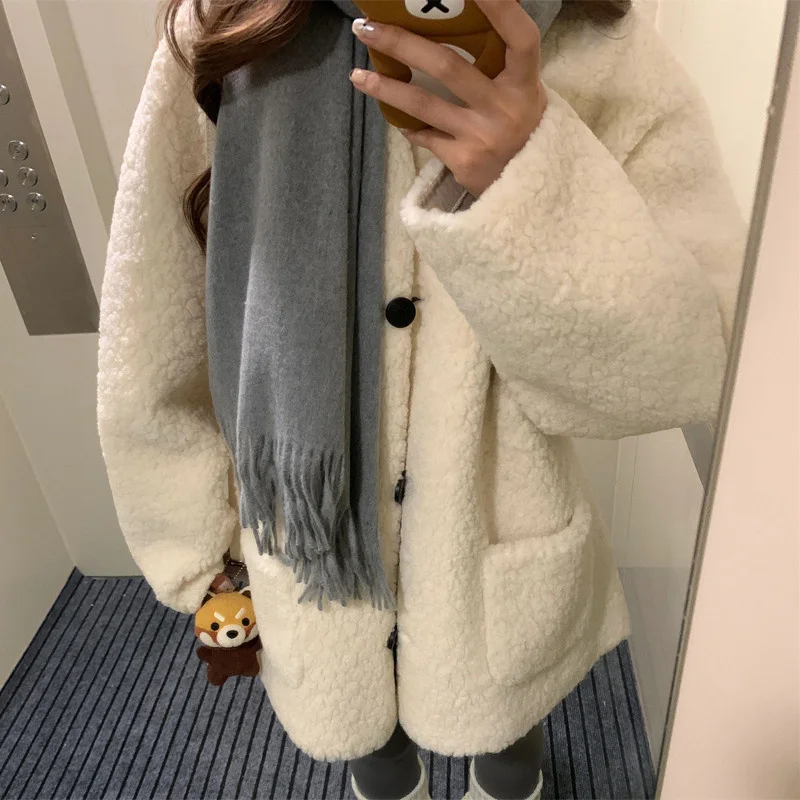 Korean Sweet Girl Lamb Wool Coat for Female 2026 Students in Autumn and Winter New Loose and Warm Cotton Clothes Lazy Style Coat
