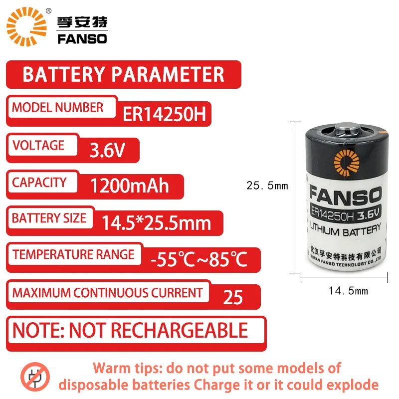 FANSO ER14250H 3.6V 1/2AA Primary Lithium Batteries Used For Probe PLC Programmer NC Machine Tool Positioner Instrument