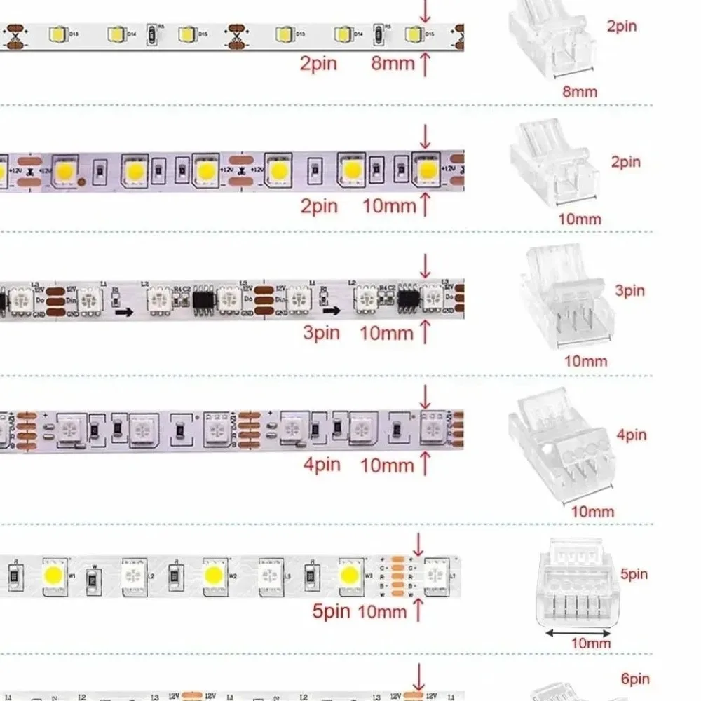2Pin 3Pin 4Pin 5Pin LED Strip Connector Solderless 10MM Crystal Buckle for Light Strip Head Transparent