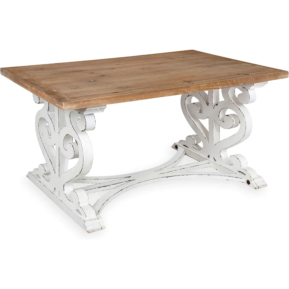 

38"×23"×18"H Distressed Brown & White Coffee Table - Rustic Carved Farmhouse-Inspired Living Room Decorative Center Table