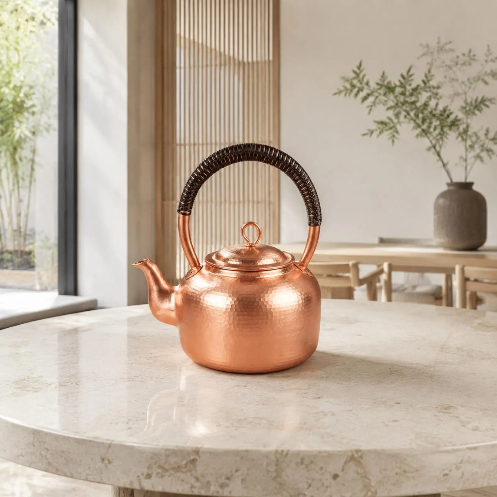 Pure Copper Whistling Tea Kettle 3L Hammered Finish Stovetop Hot Water Pot with Comfortable Grip Handle