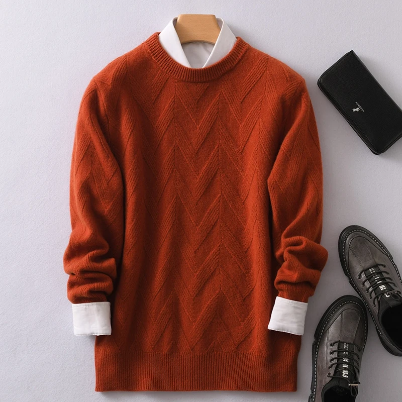 

Round Neck Men's 100% Pure Wool Sweater Pullover Autumn Winter New Jacquard Sweater Loose Business Thick Knitted Base Shirt
