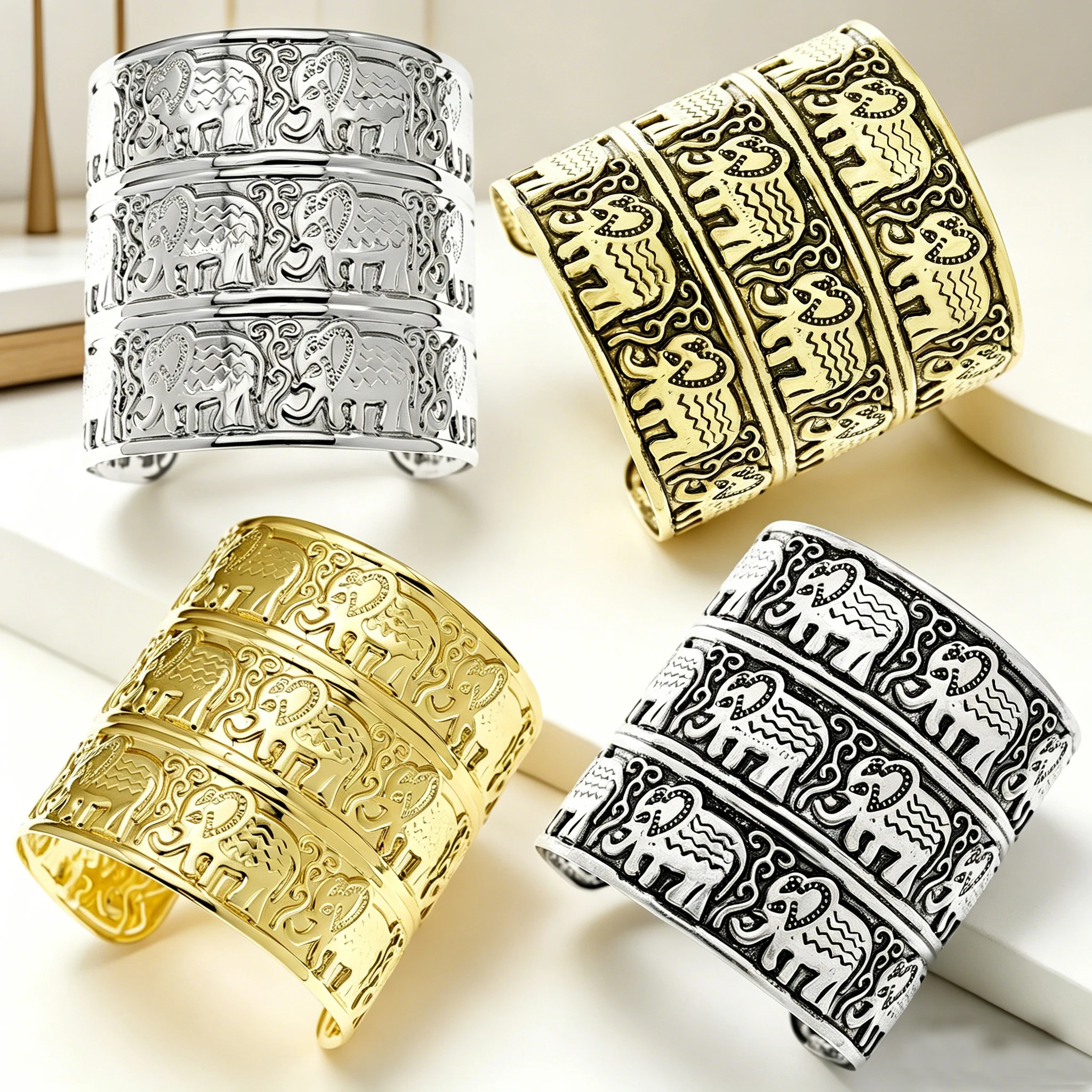 Vintage Three Rows Embossed Elephants Open Wide Bracelet Woman Man OM Hindu Ganesha Big Cuff Bangle Jewelry Cosplay Accessories