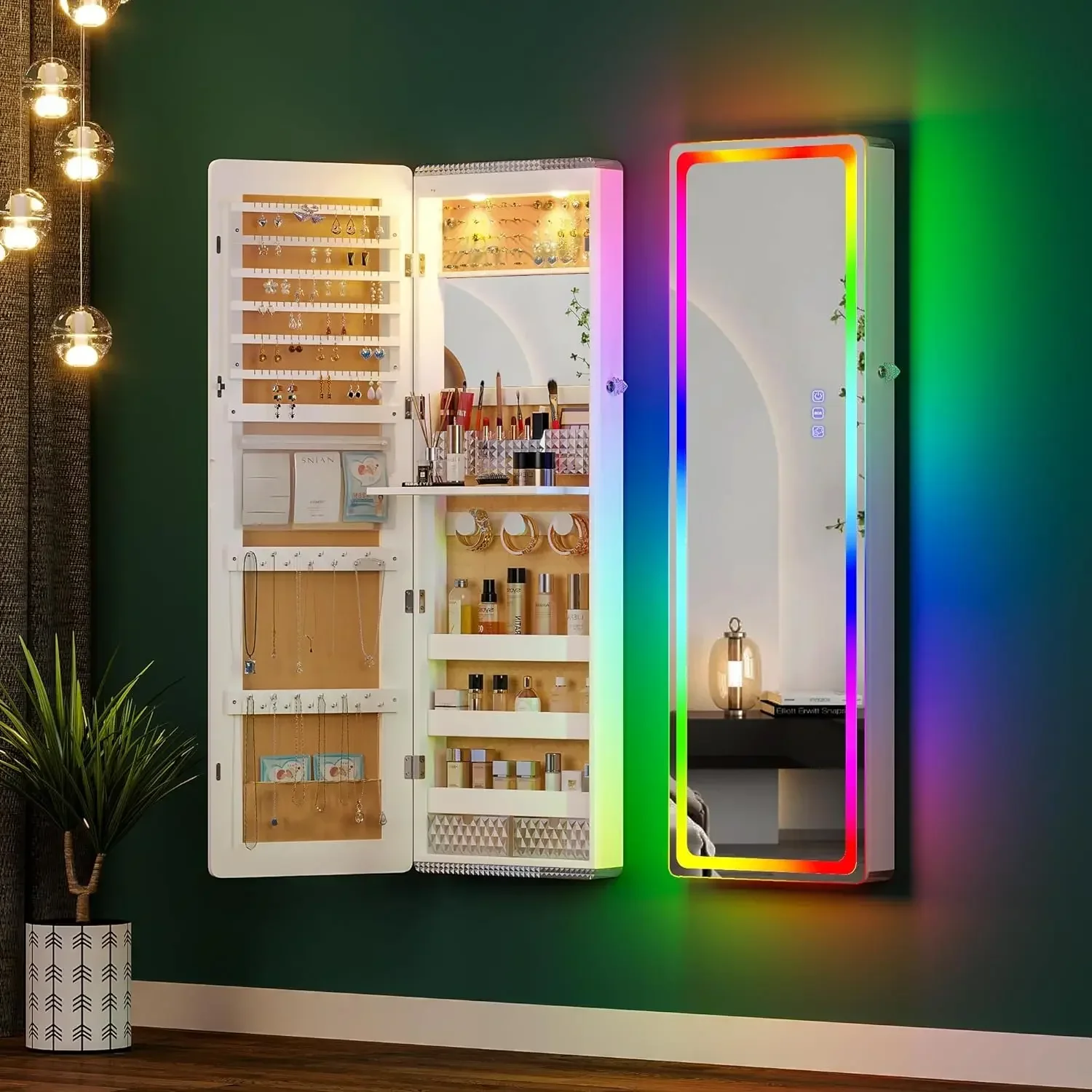 LED-Spiegel Schmucks chrank mit RGB-Lichtern, 47.2 "Wand schmuck Organizer mit Ganzkörper spiegel, 2 Schubladen, abschließbar