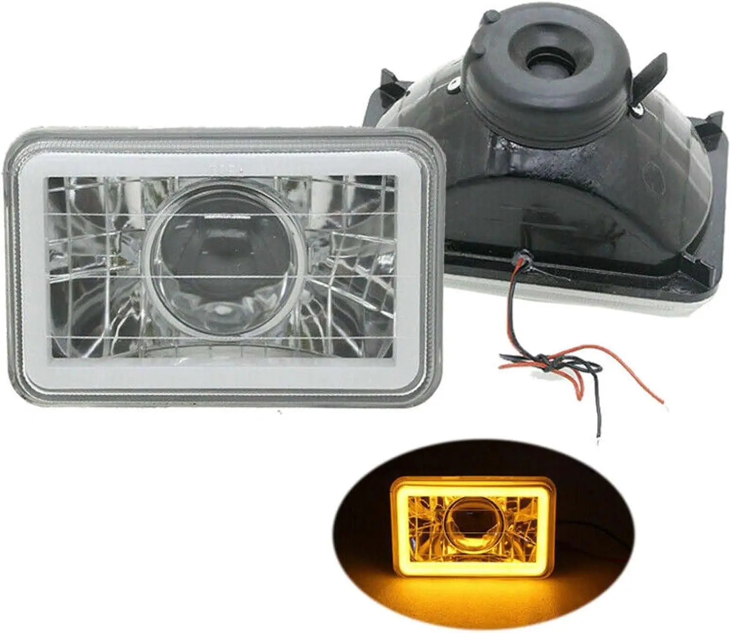 

Pair of 4 x 6-Inch Yellow LED Halo Beam Headlamps, Black Chrome Diamond Cut Housings, Anthracite Clear Lens Halogen High and Low