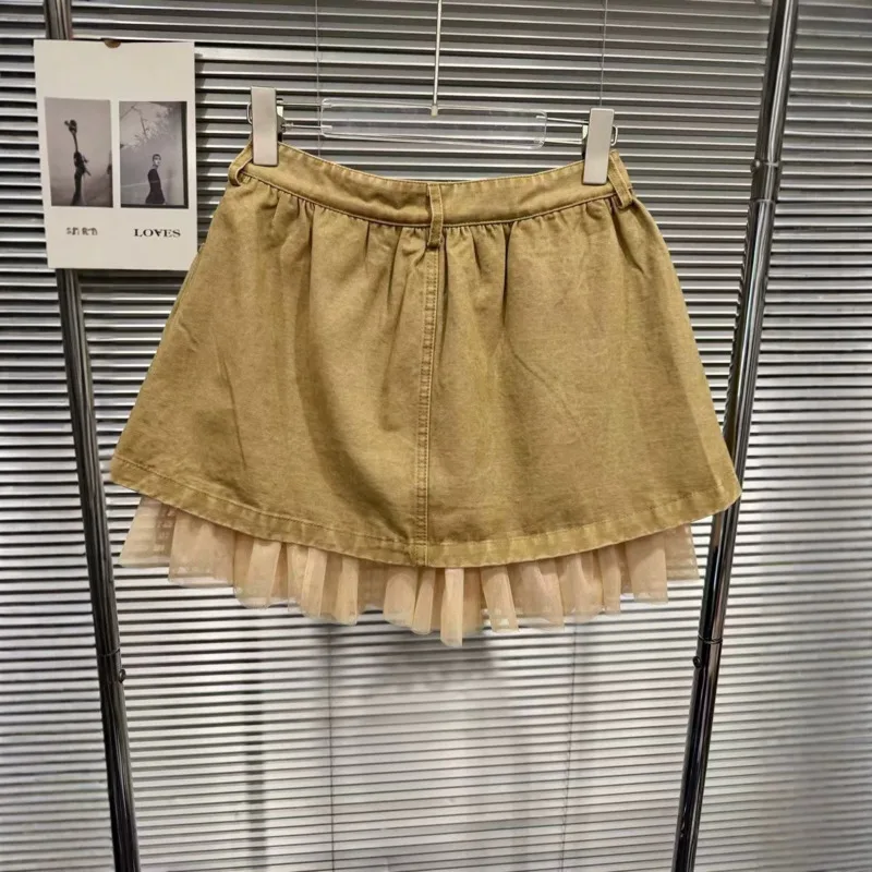 ANJY Summer New Women Trendy Versatile Mesh Patchwork Pleated Denim Skirt High Street Stylish Casual A-Line Short Skirts A24934