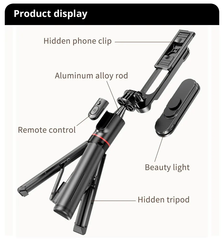 Portable Mini 360 Degree Rotation Selfie Stick Tripod With LED Fill Light Bluetooth Remote Extendable Foldable Tripod For iPhone view 6