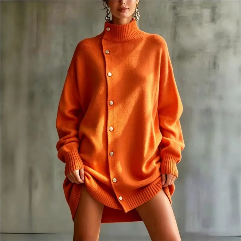 New Autumn Winter Women Turtleneck Knitted Cardigan Sweater Fashion Solid Loose Trendy Sweater Outerwear Female Daily Sweater