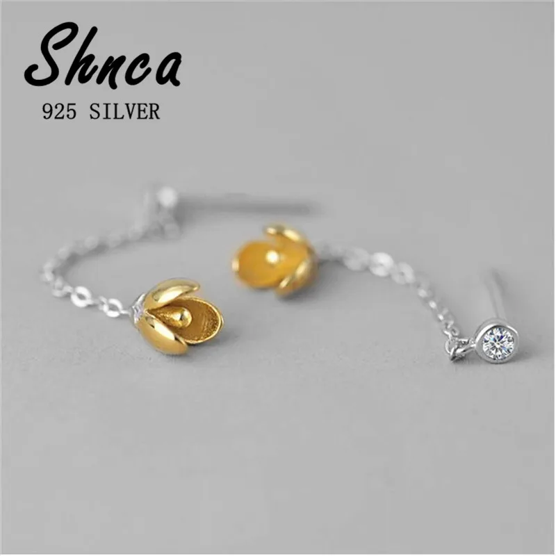 Original Creative Pure 925 Sterling Silver Golden Buds Crystal Long Tassel Stud Earrings For Women Girl XE025