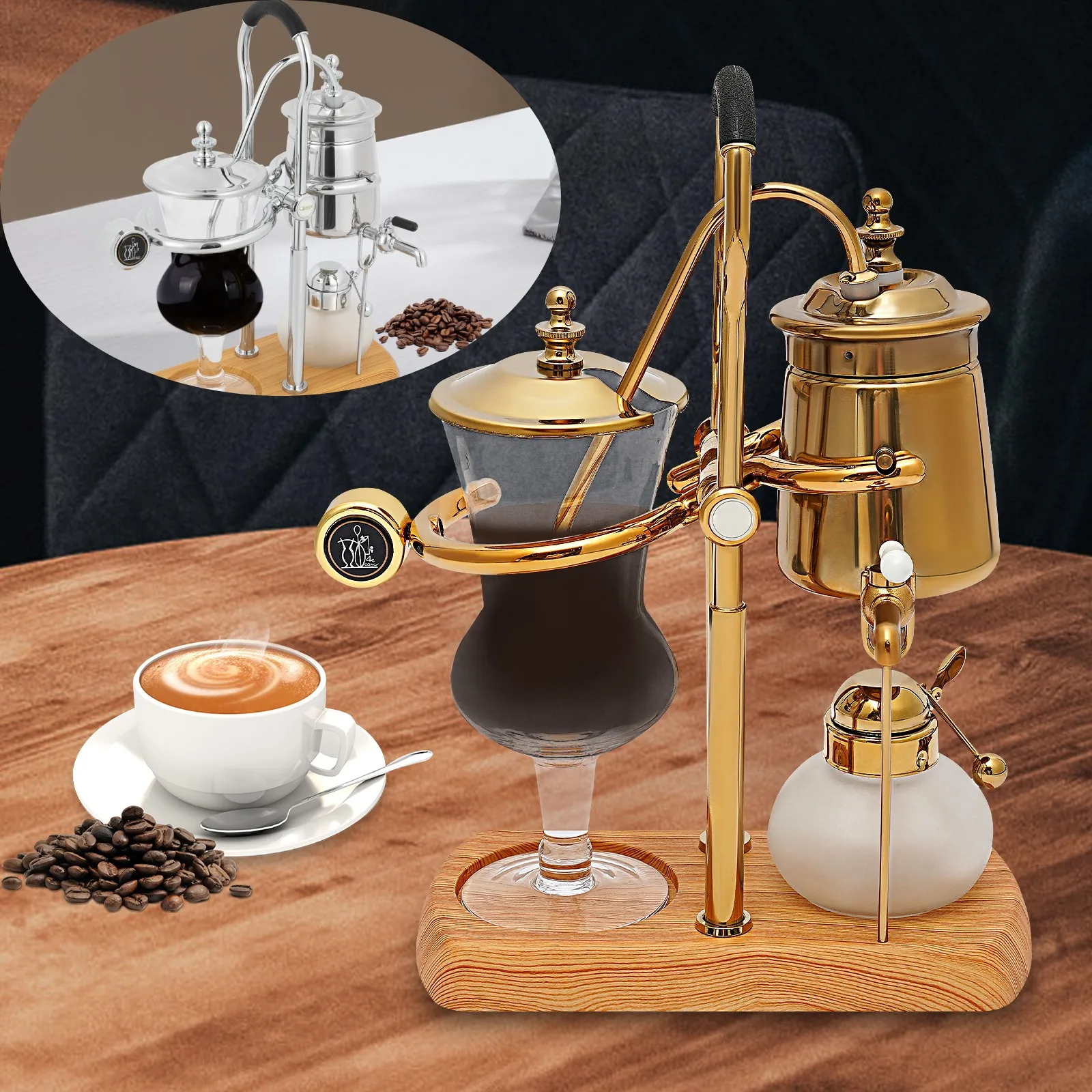 400ML Siphon Coffee Pot Set Coffee Maker with Integrated Filter Tea Brewer Matching Wooden Household Coffee Maker Gold / Silver