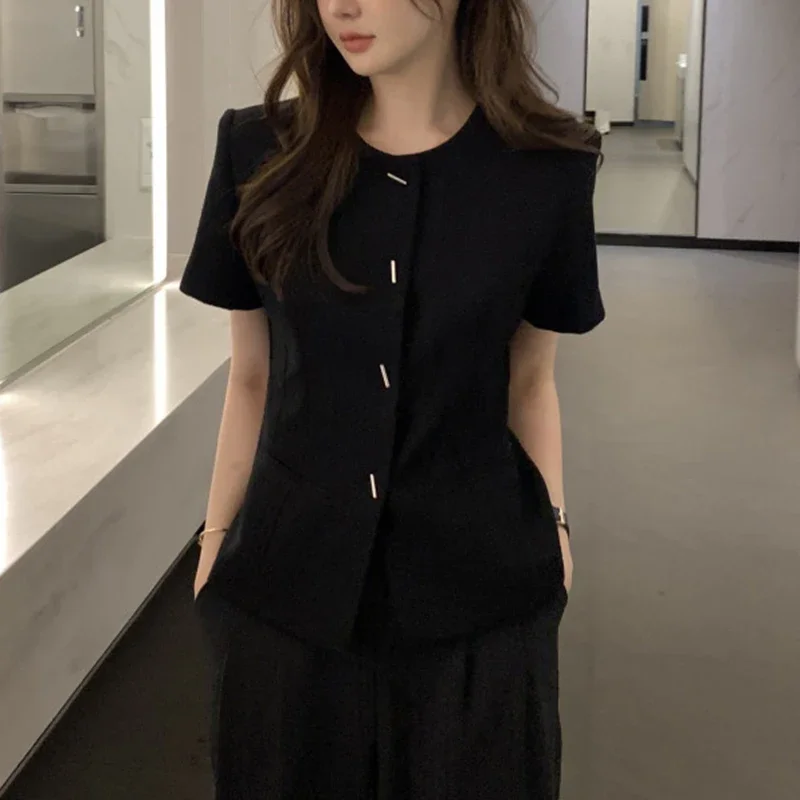 معطف أنيق على الطراز الفرنسي للنساء عتيق ذو نهاية عالية ورقبة دائرية يناسب الجميع في الصيف للتخسيس وأكمام قصيرة للسيدات #2