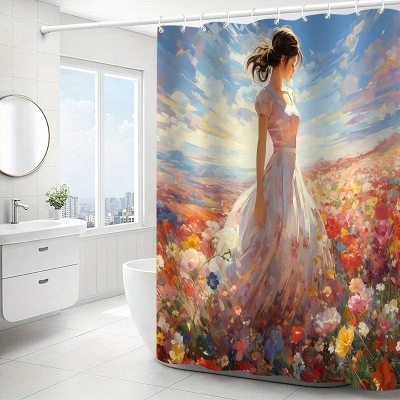 

"Beautiful Garden Scene Shower Curtain – Woman in White Dress Walking Through Flowers, Romantic Nature Art, Waterproof Fabric"