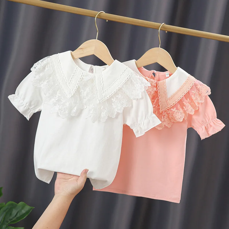 new delivery summer children kids baby solid short sleeve T shirt 3-11year students girls clothes lace top clothes 95%cotton