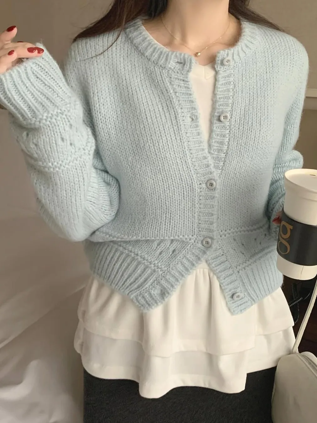 

Стильный женский вязаный кардиган на осень-зиму, с длинными рукавами, ажурный, мягкий, уютный, с круглым вырезом, верхняя одежда