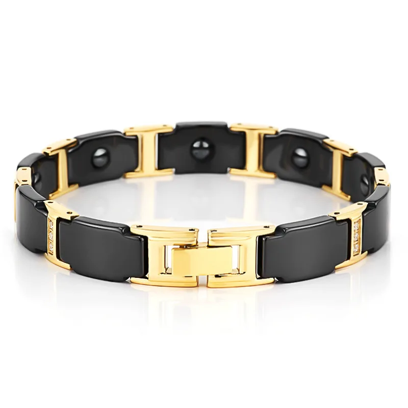10mm Punk Gold Color Stainless Steel Chain Zircon Bracelet For Men Women Black Ceramic Health Care Magnetic Bangle Jewelry