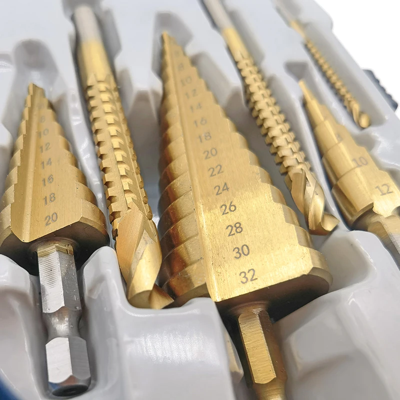 Brocas escalonadas de ranura recta HSS, cortador de agujeros de Metal y madera recubierto de titanio, juego de herramientas de perforación de cono de núcleo, 6 piezas, 4-12mm/4-20mm/4-32mm